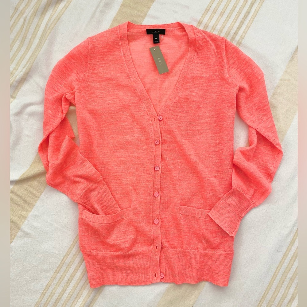J. Crew NWT Black Label 🪸 Neon Coral Marled Linen-Blend Cardigan